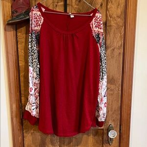 Cato Red Long Sleeve Top with Patterned Sleeves
